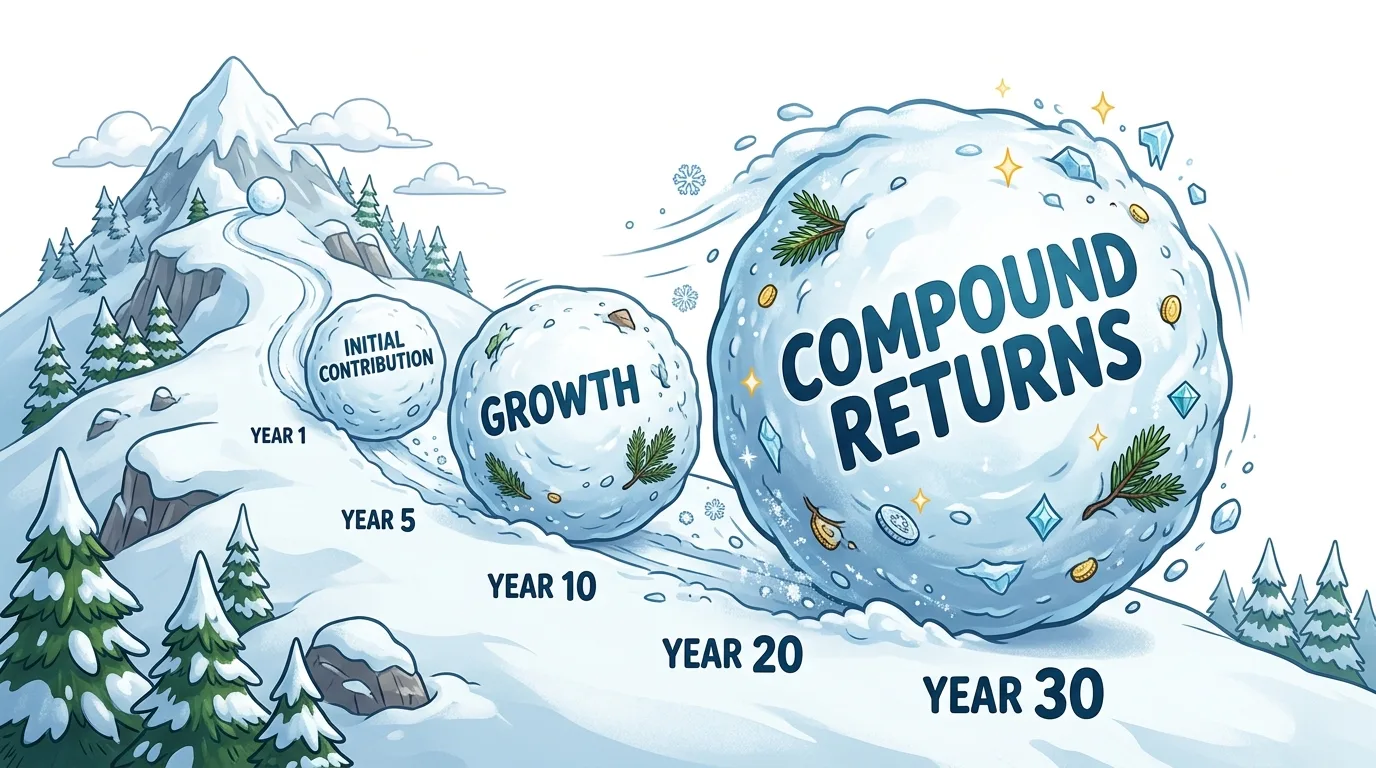 A snowball rolling down a mountain illustrates the concept of compound returns over 30 years.