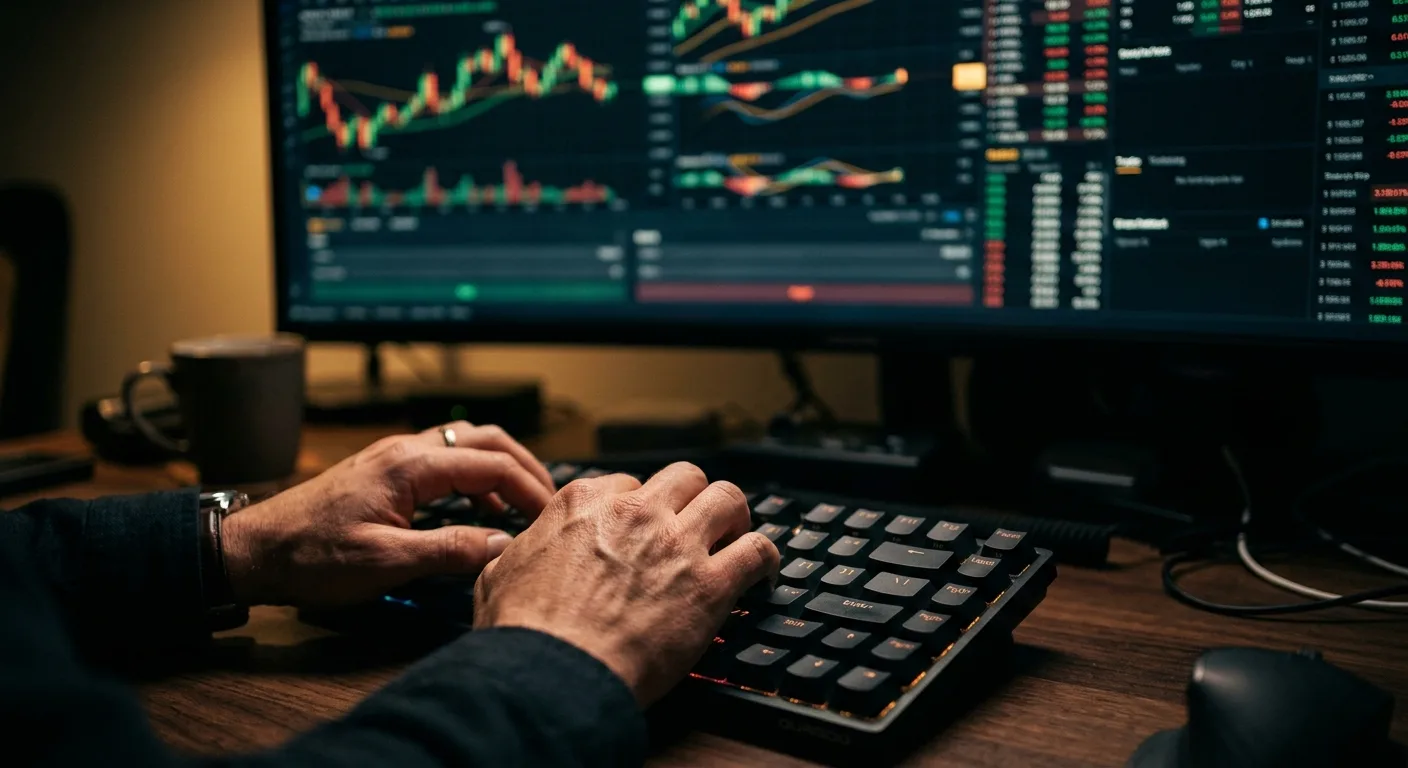 A person's hands are typing on a keyboard in front of a computer screen displaying financial charts.