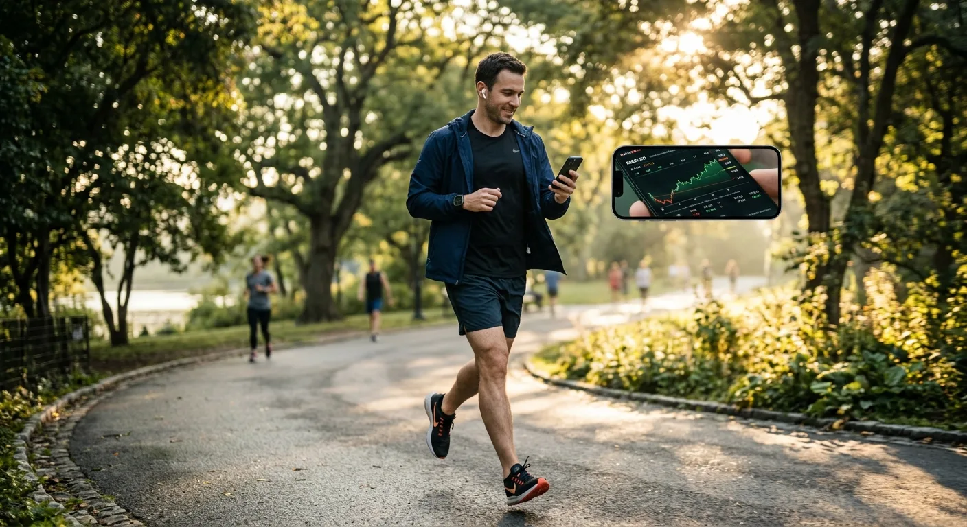 A man jogs in a park while looking at a stock chart on his phone.