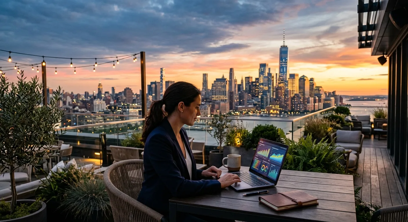 A woman works on a laptop with data visualizations on a rooftop overlooking a city at sunset.