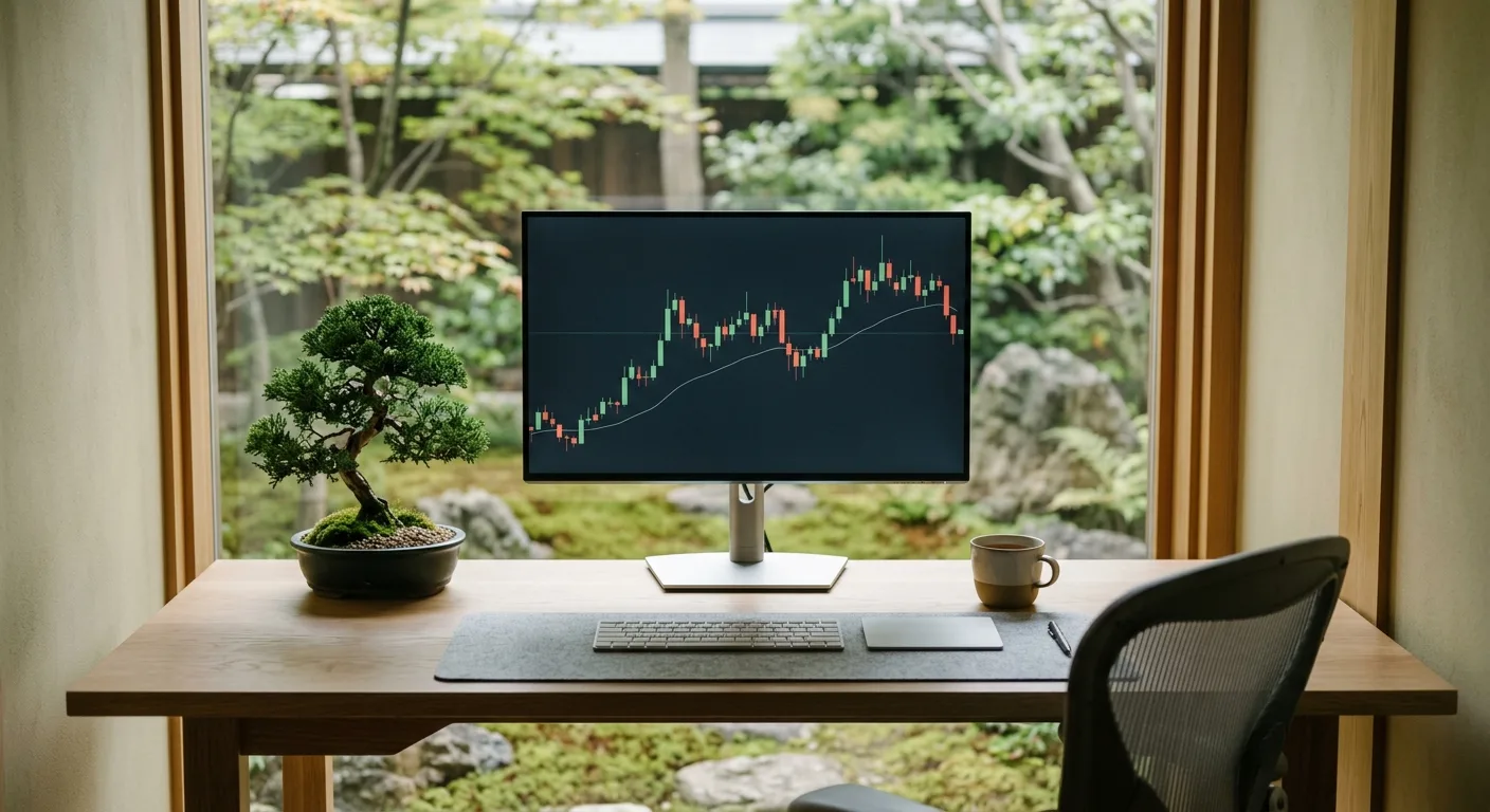 A serene workspace with a monitor displaying a stock chart, a bonsai tree, and a garden view.
