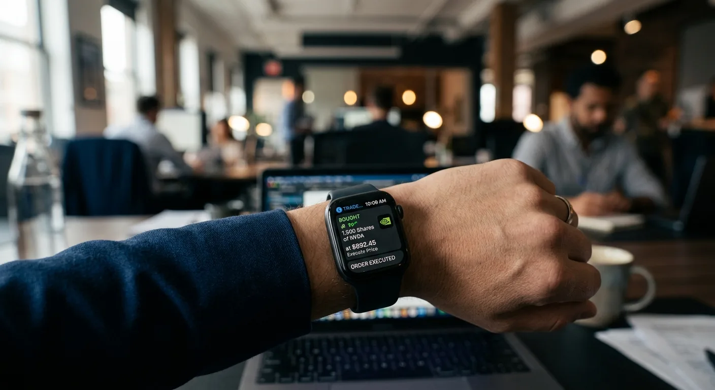 A person checks a stock trade notification on an Apple Watch in a busy office.