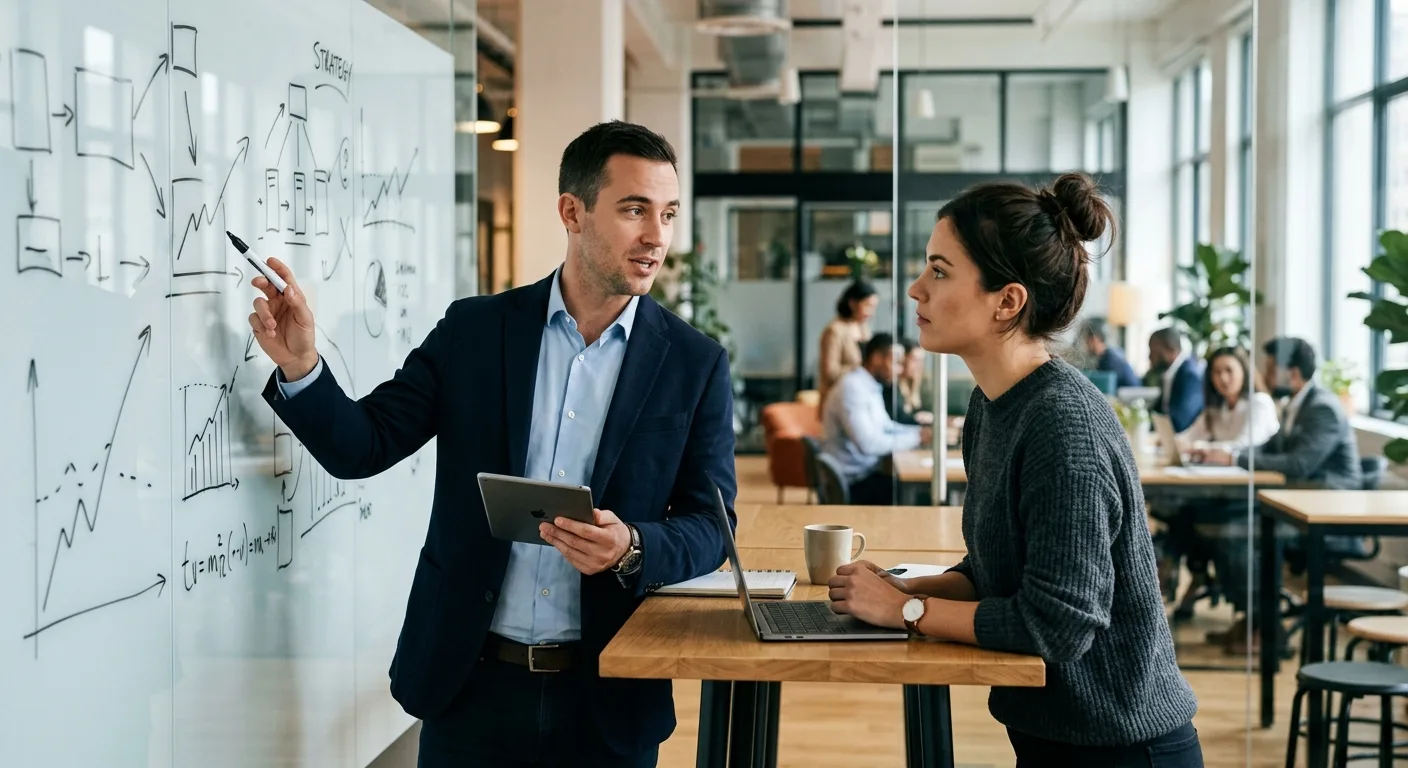 A man explains a strategy on a whiteboard to a woman in a modern office.