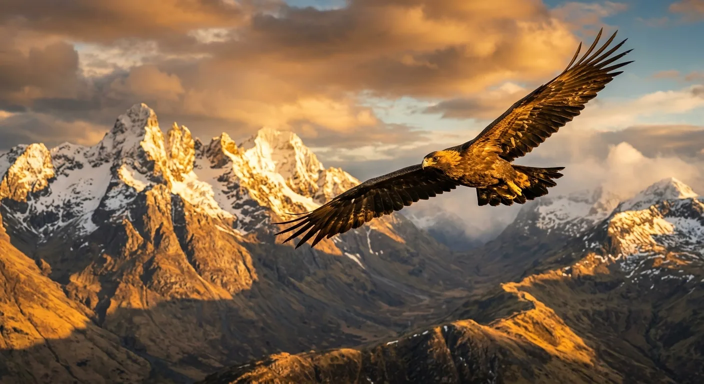 A majestic eagle soars over snow-capped mountains bathed in golden sunlight.