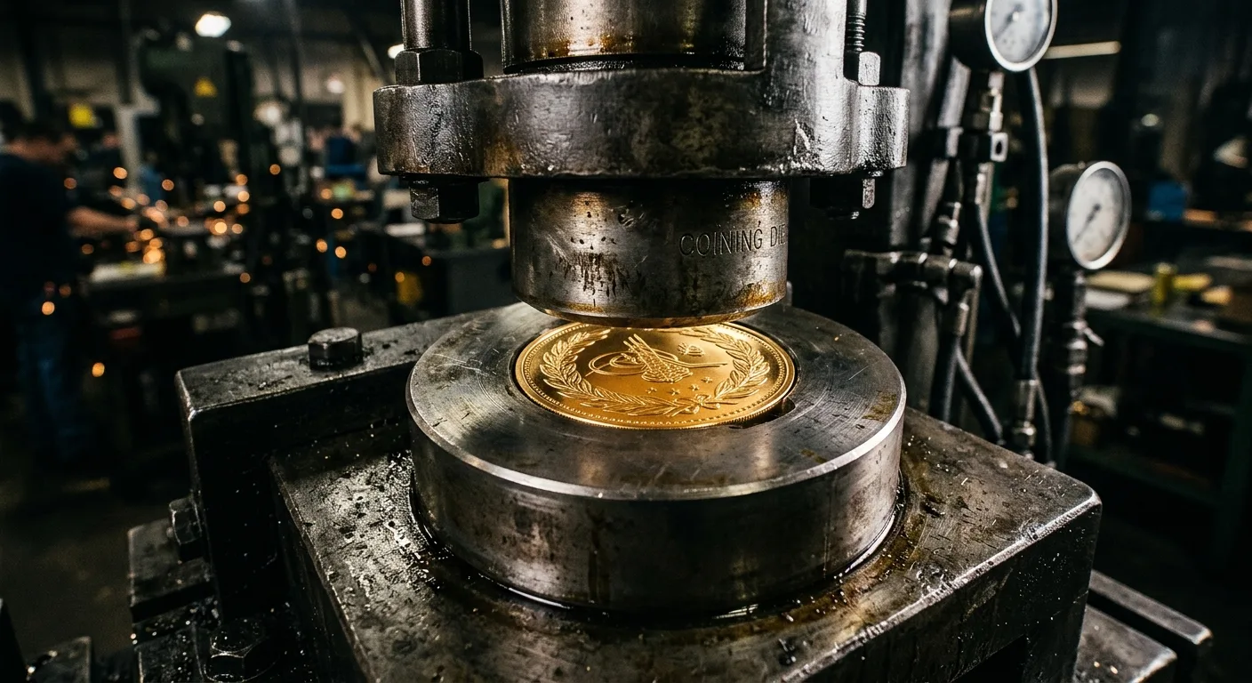 A gold coin being minted in a coining press, with a workshop in the background.
