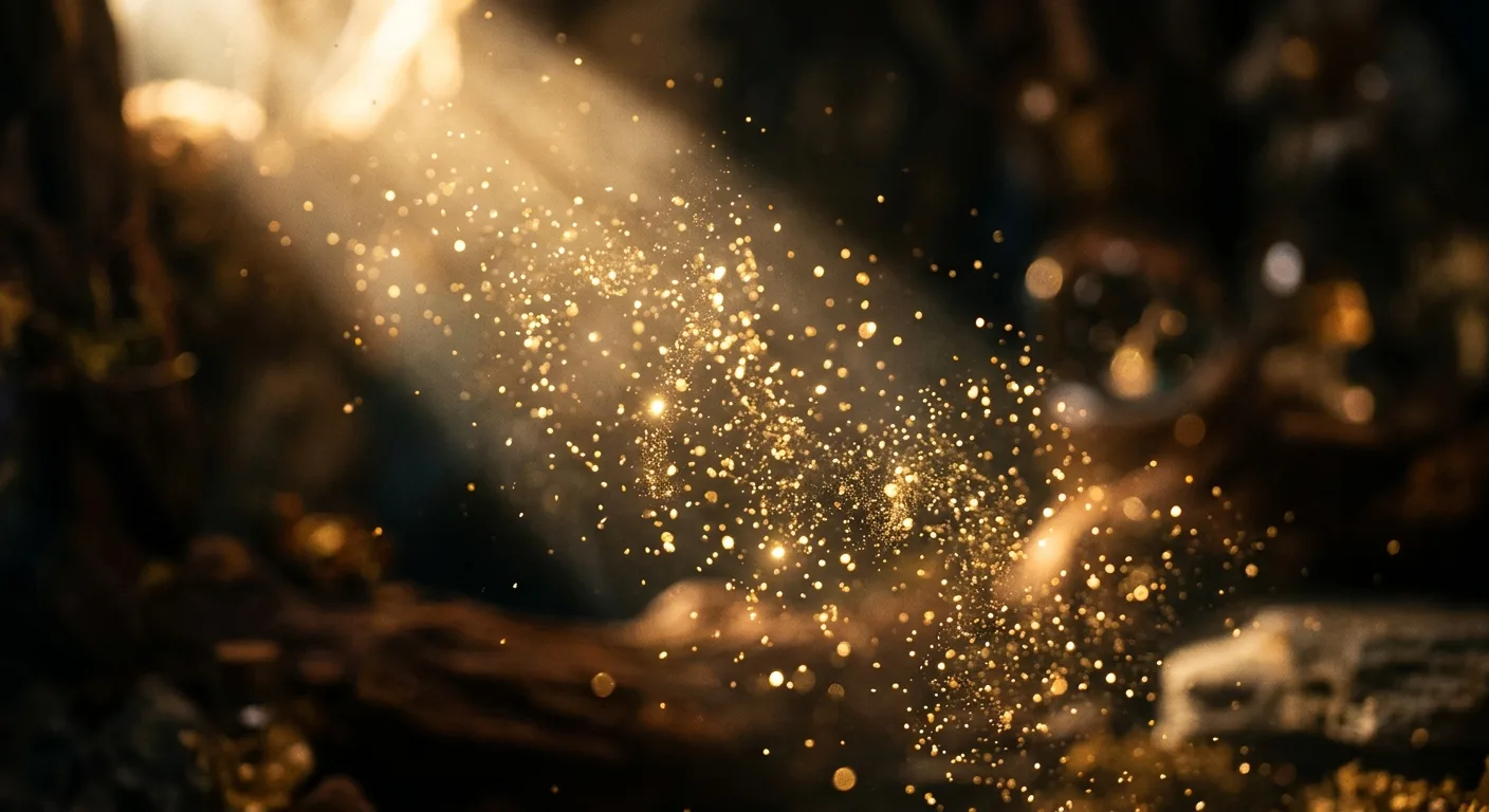 Golden particles shimmer in a beam of light against a dark, blurred background.