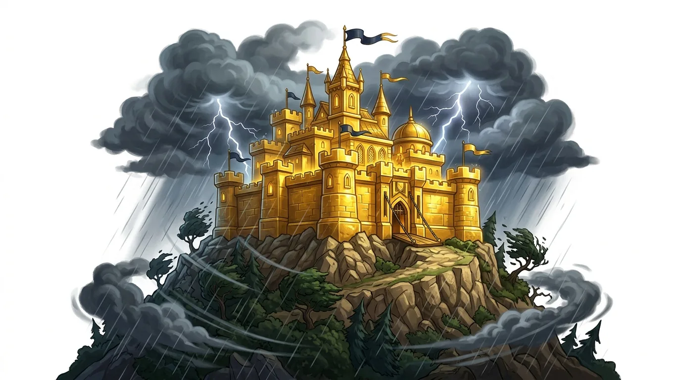 A golden castle stands strong on a rocky hill amidst a stormy sky with lightning and rain.