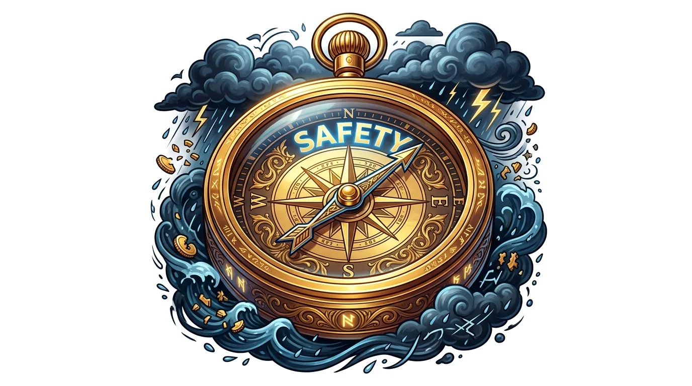 A golden compass with "SAFETY" on its face, surrounded by stormy clouds, rain, lightning, and turbulent waves with coins.