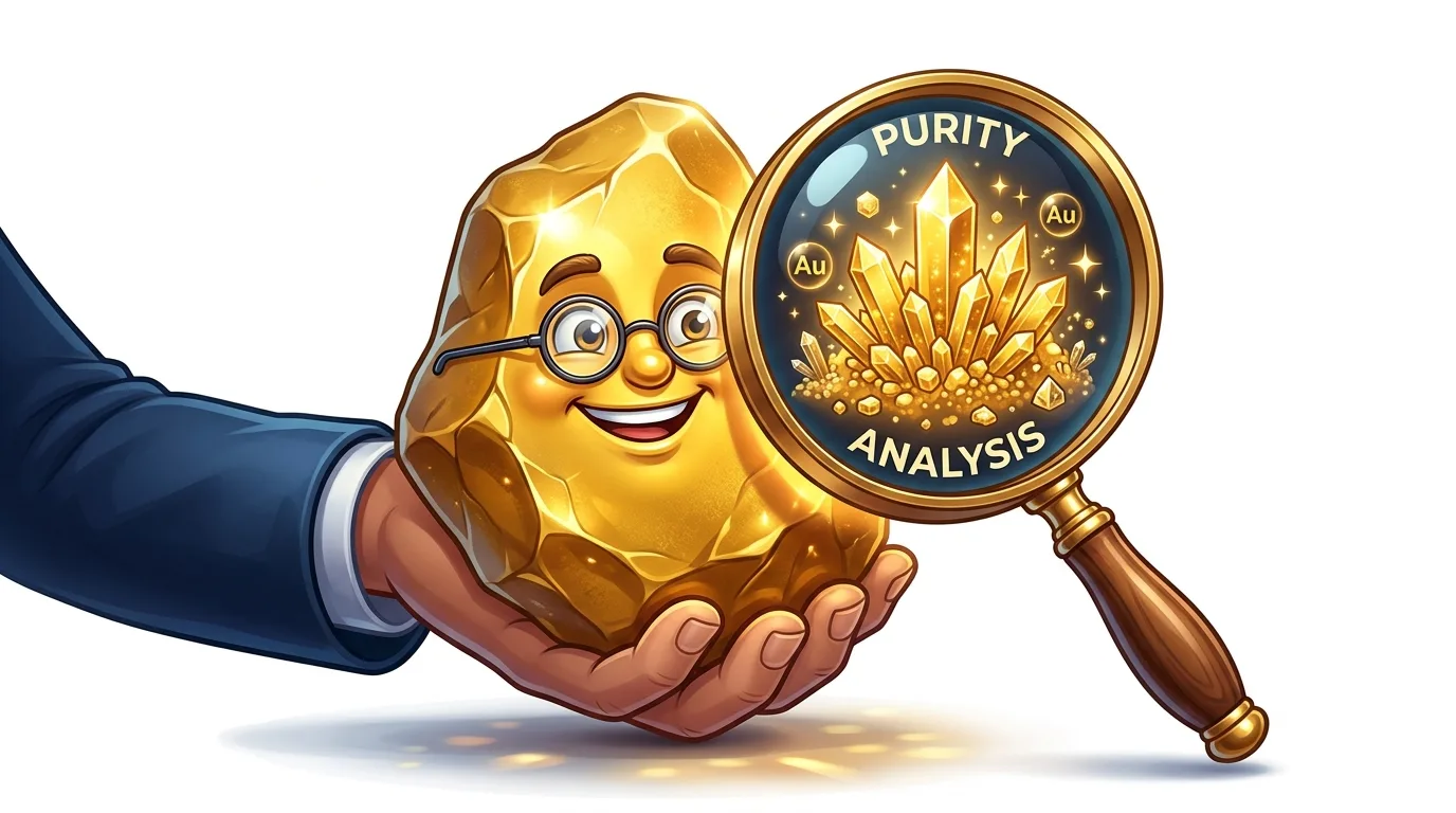 A cartoon gold nugget with glasses smiles while a hand holds a magnifying glass for "Purity Analysis."