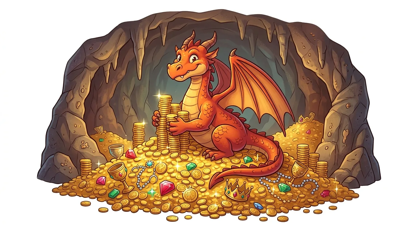 A happy red dragon guards a massive pile of gold coins and jewels inside a cave.