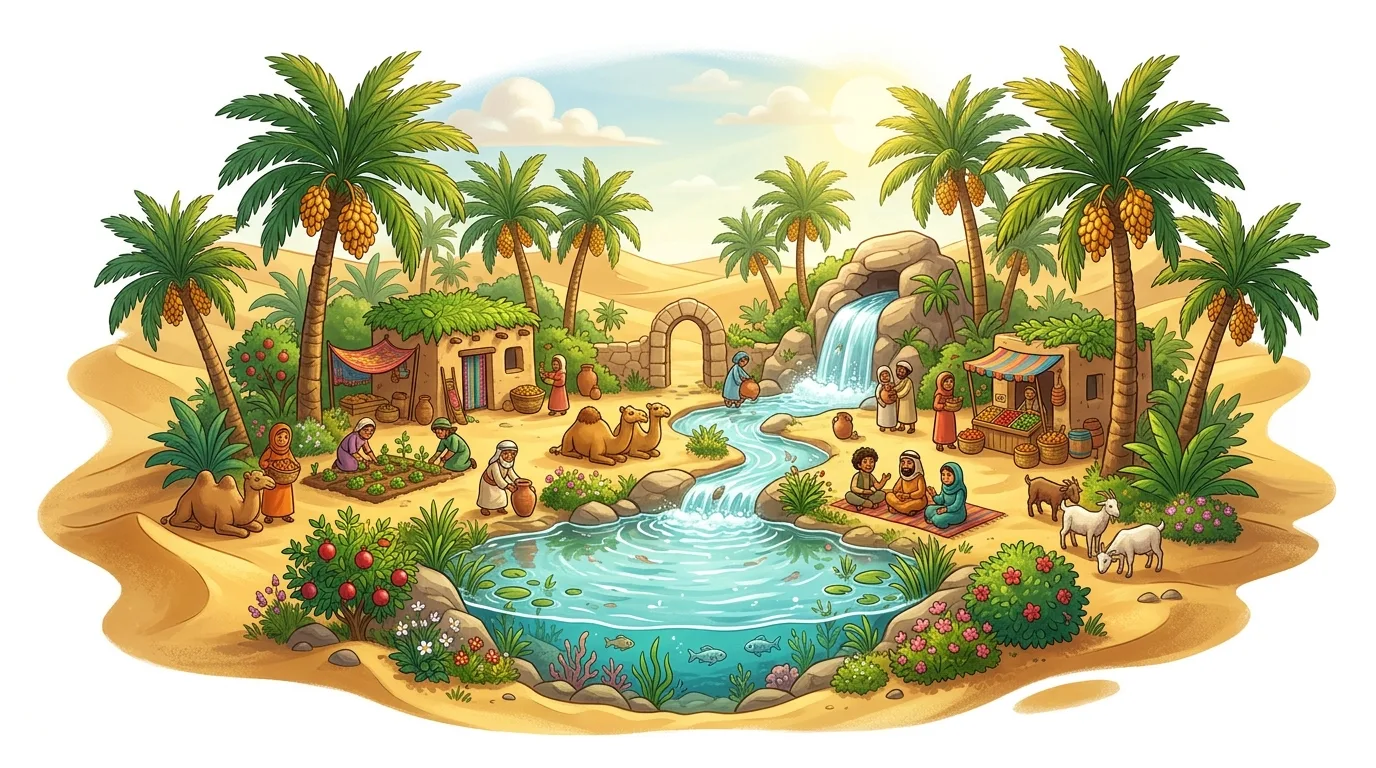 A vibrant oasis scene with people, animals, buildings, and lush vegetation in a desert.