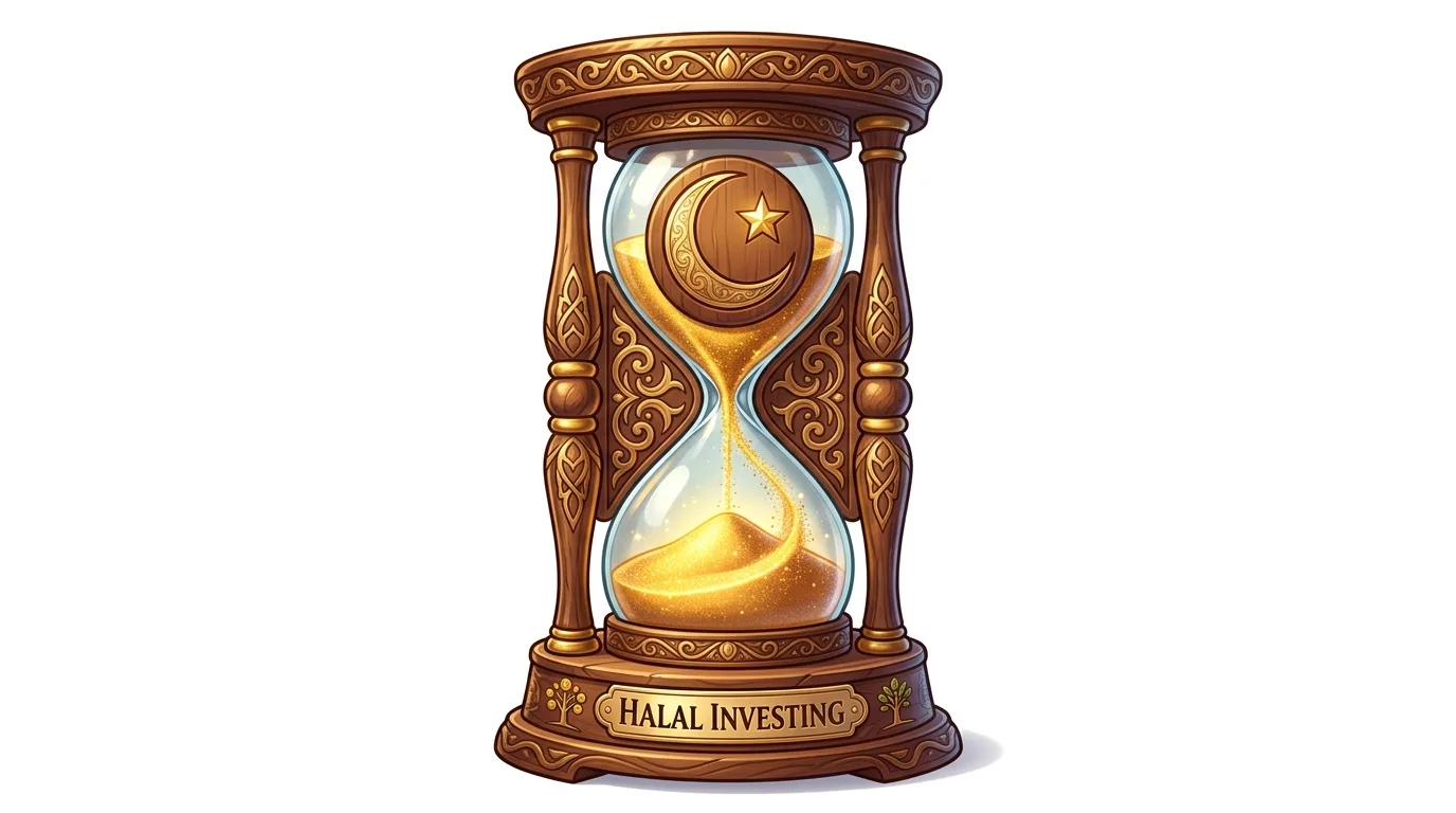 An ornate hourglass with a crescent moon and star, labeled "HALAL INVESTING."