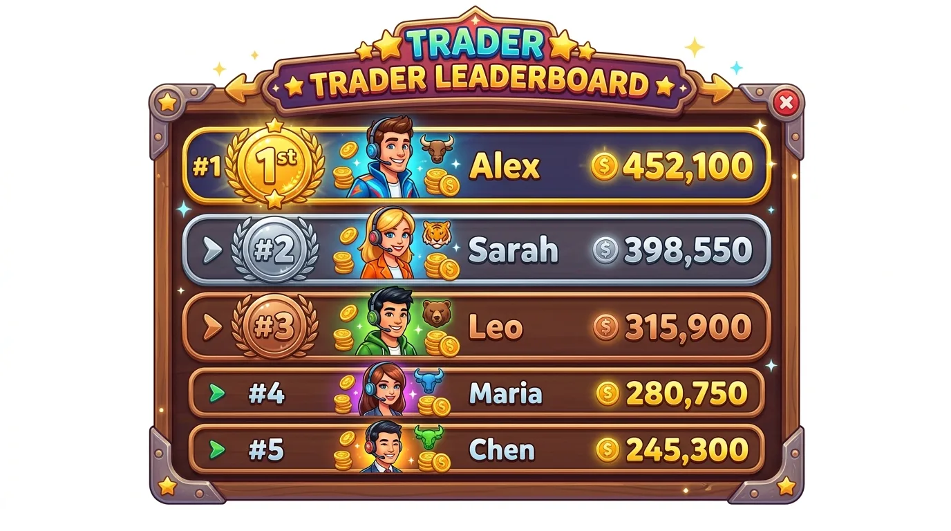 A colorful game leaderboard displays the top 5 traders with their names, avatars, and scores.