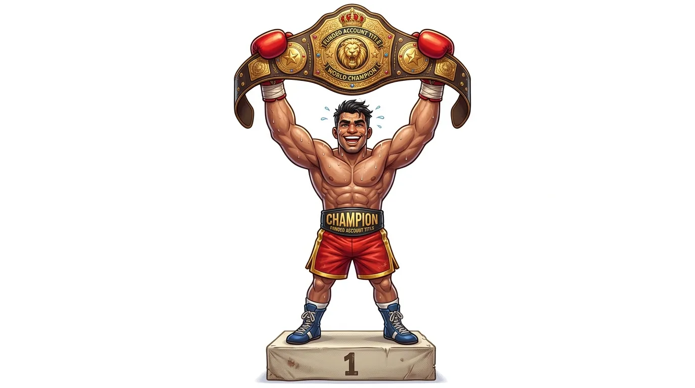 A muscular boxer stands on a podium, holding a championship belt above his head.