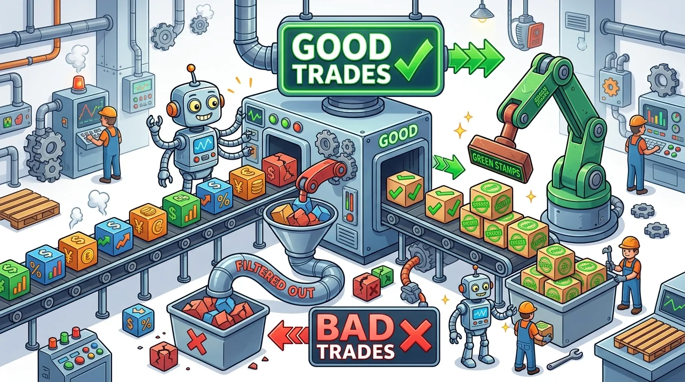 An automated factory processes financial trades, filtering out bad ones and stamping good ones.