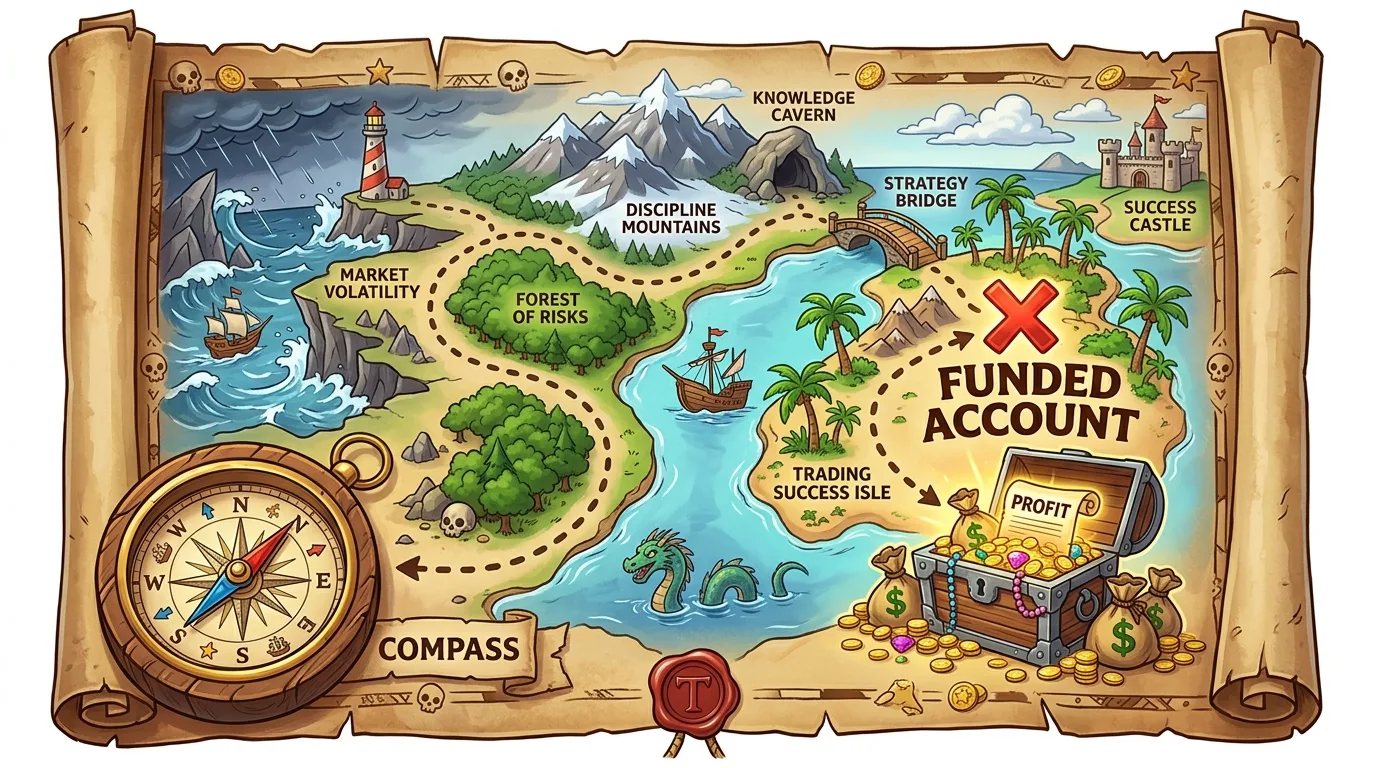 A treasure map illustrating the journey to a funded trading account and profit, navigating market challenges.