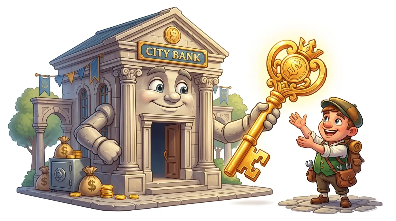 A cartoon bank building with a face gives a large golden key to a happy boy.