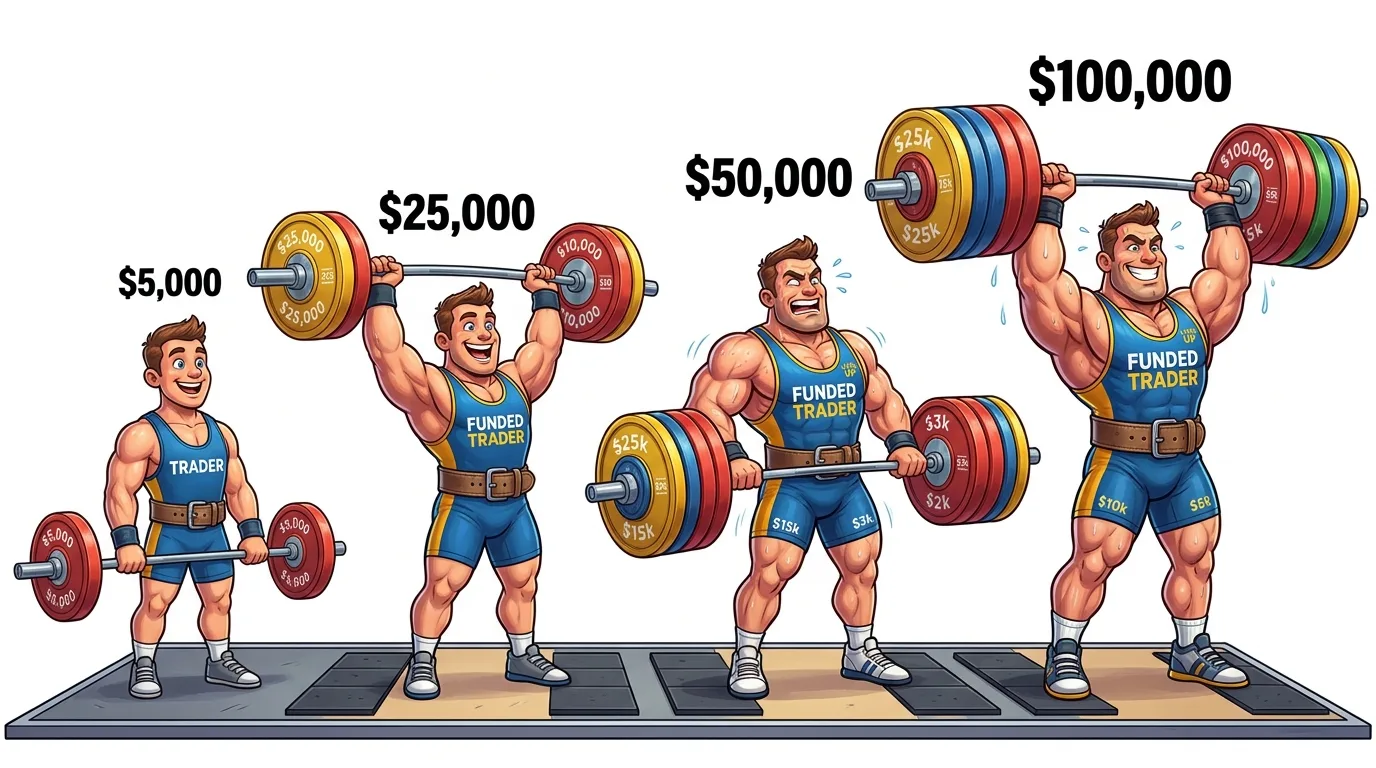 An illustration showing a trader's progression from $5,000 to $100,000 in funding, depicted as weightlifting.