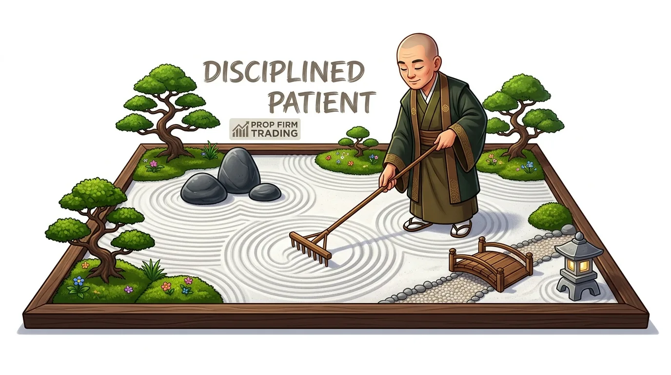 A monk rakes a Zen garden with the words "DISCIPLINED PATIENT" and "PROP FIRM TRADING."