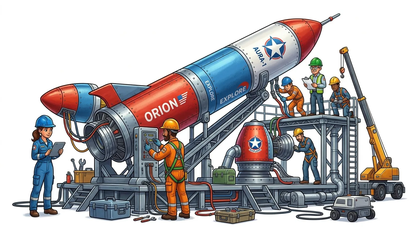 A team of engineers and technicians assemble a large rocket on a launch platform.