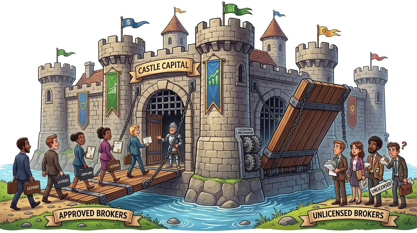 A cartoon castle, "Castle Capital," welcomes "Approved Brokers" over a drawbridge while blocking "Unlicensed Brokers."