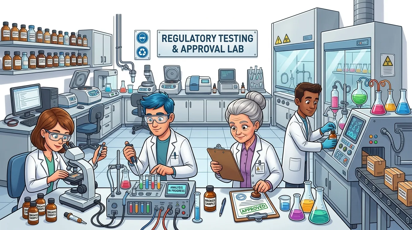 Scientists in a lab conduct regulatory testing and approval processes.