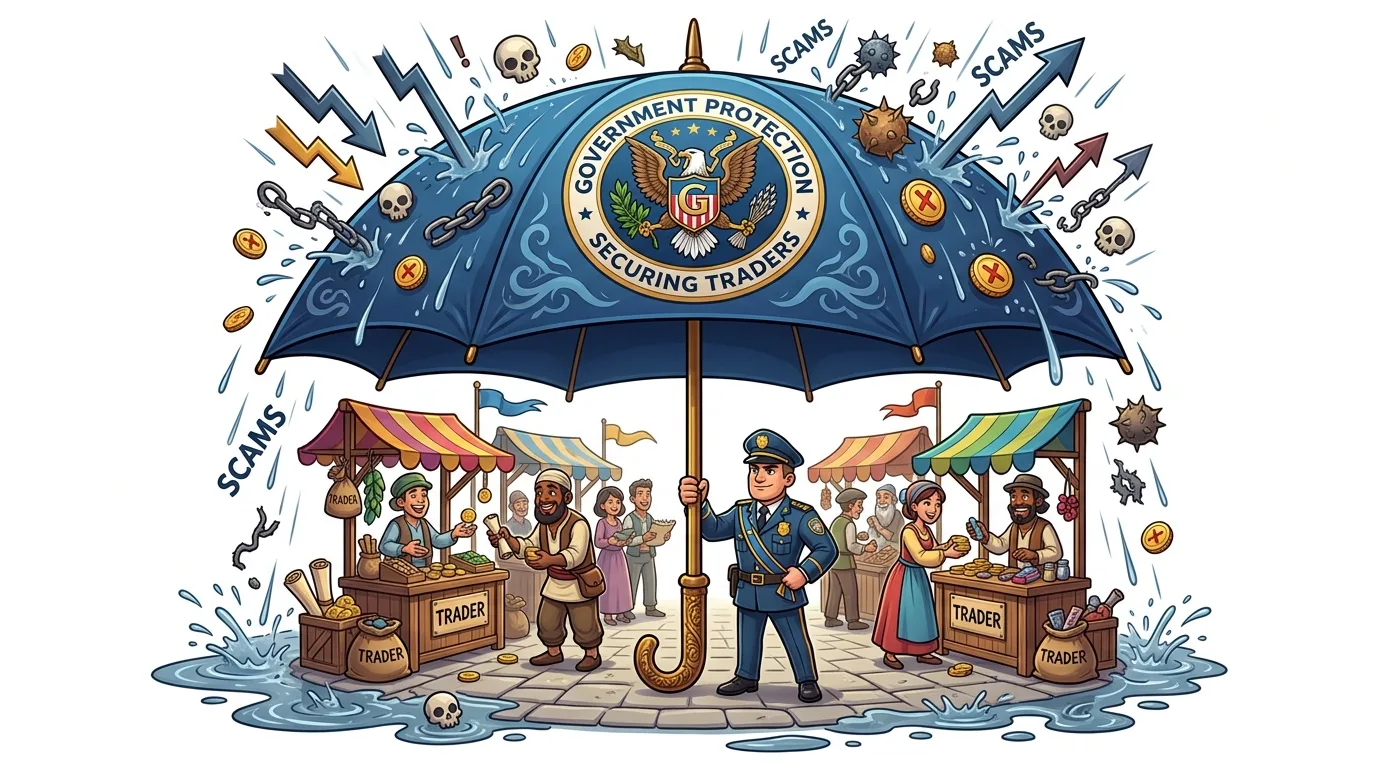 A government protection umbrella shields traders from scams and market volatility.