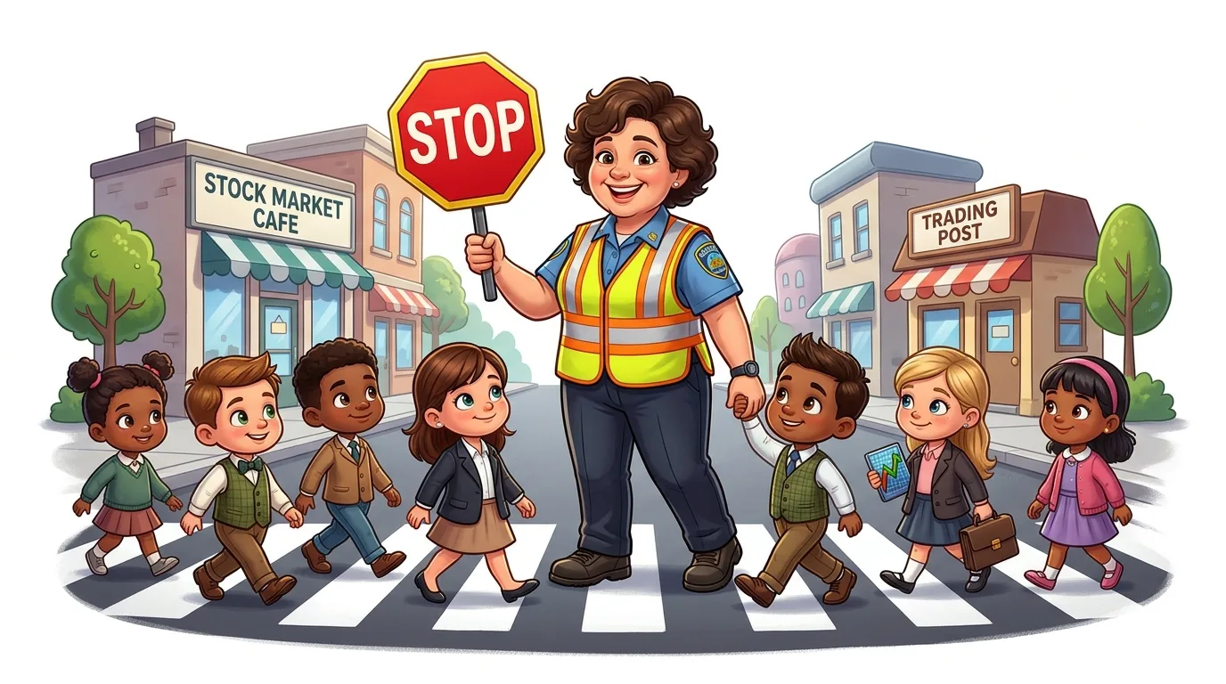A crossing guard helps diverse children dressed in business attire cross the street.
