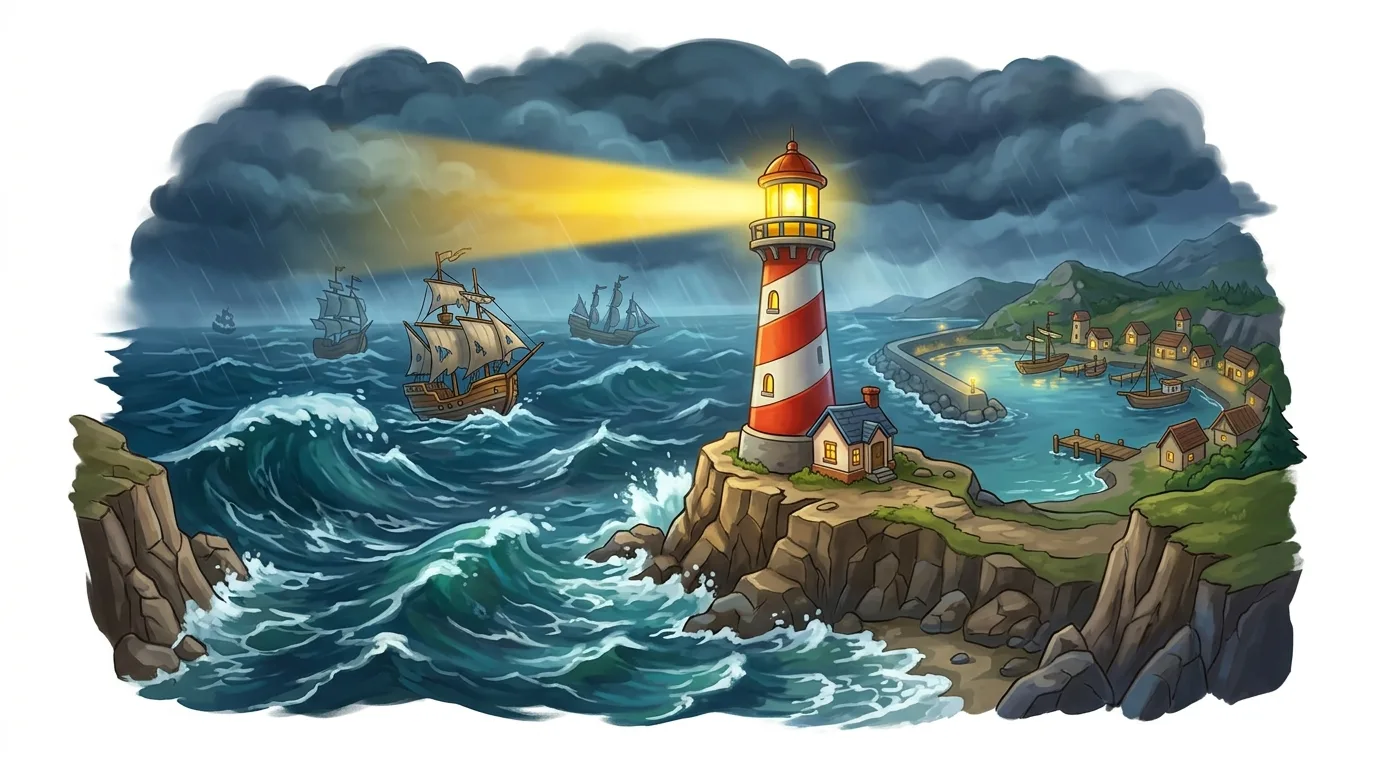 A lighthouse shines over a stormy sea with ships, overlooking a calm harbor town.