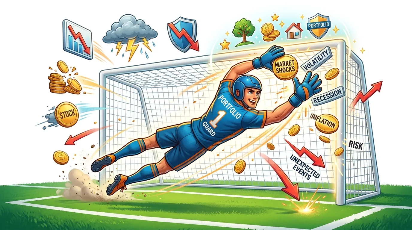 A goalkeeper labeled 'Portfolio Guard' saves a goal from financial risks like market shocks and inflation.
