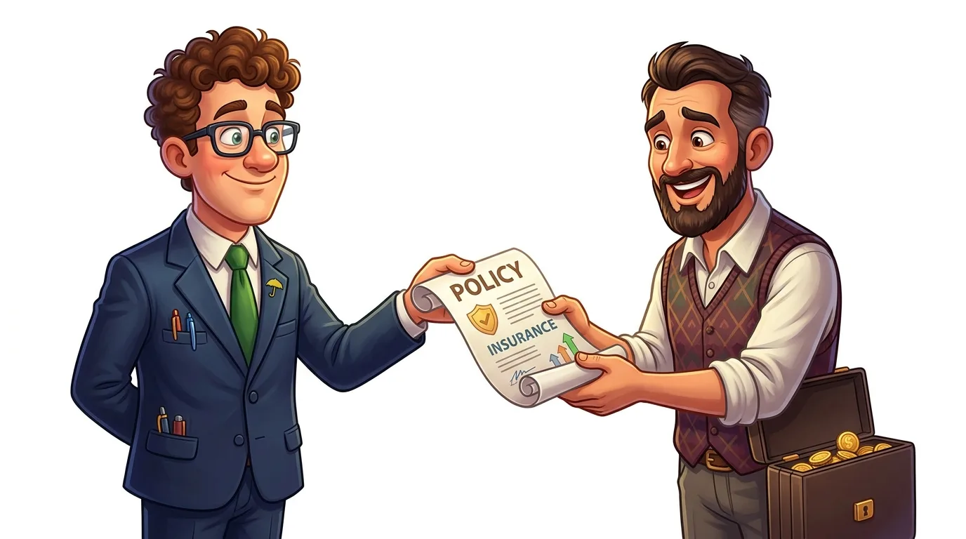 An insurance agent hands a policy to a happy client with a briefcase full of money.