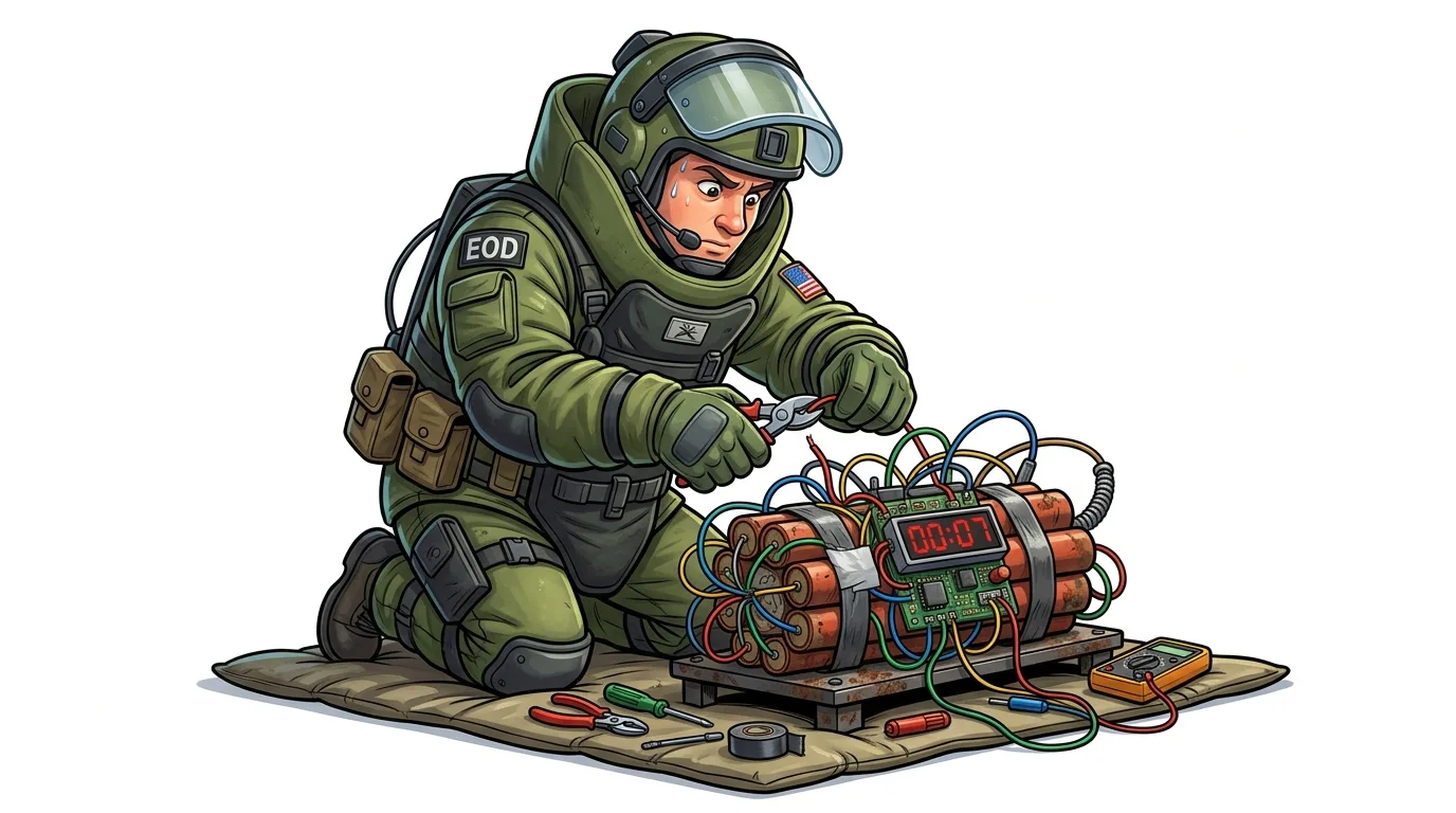 An EOD technician in a bomb suit defuses a bomb with a digital timer showing 00:07.