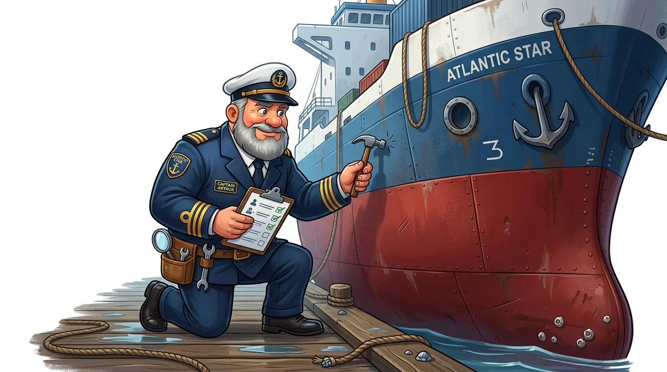 A cartoon captain inspects a ship with a hammer and clipboard, kneeling on a dock.