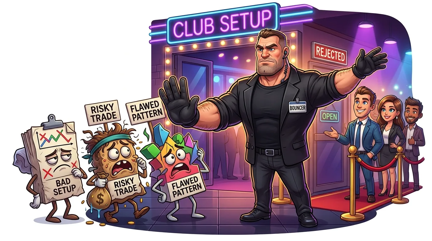 A bouncer rejects "bad setups" and "risky trades" from a "Club Setup," welcoming well-dressed traders.