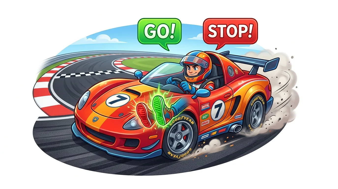 A cartoon race car driver accelerates on a track with "GO!" and "STOP!" speech bubbles.