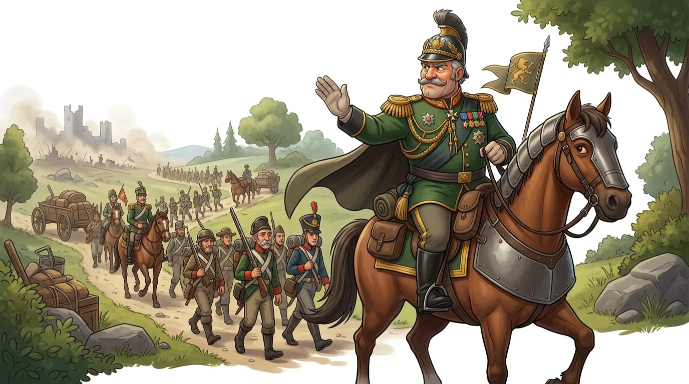 A cartoon general on horseback leads an army with a castle under siege in the background.