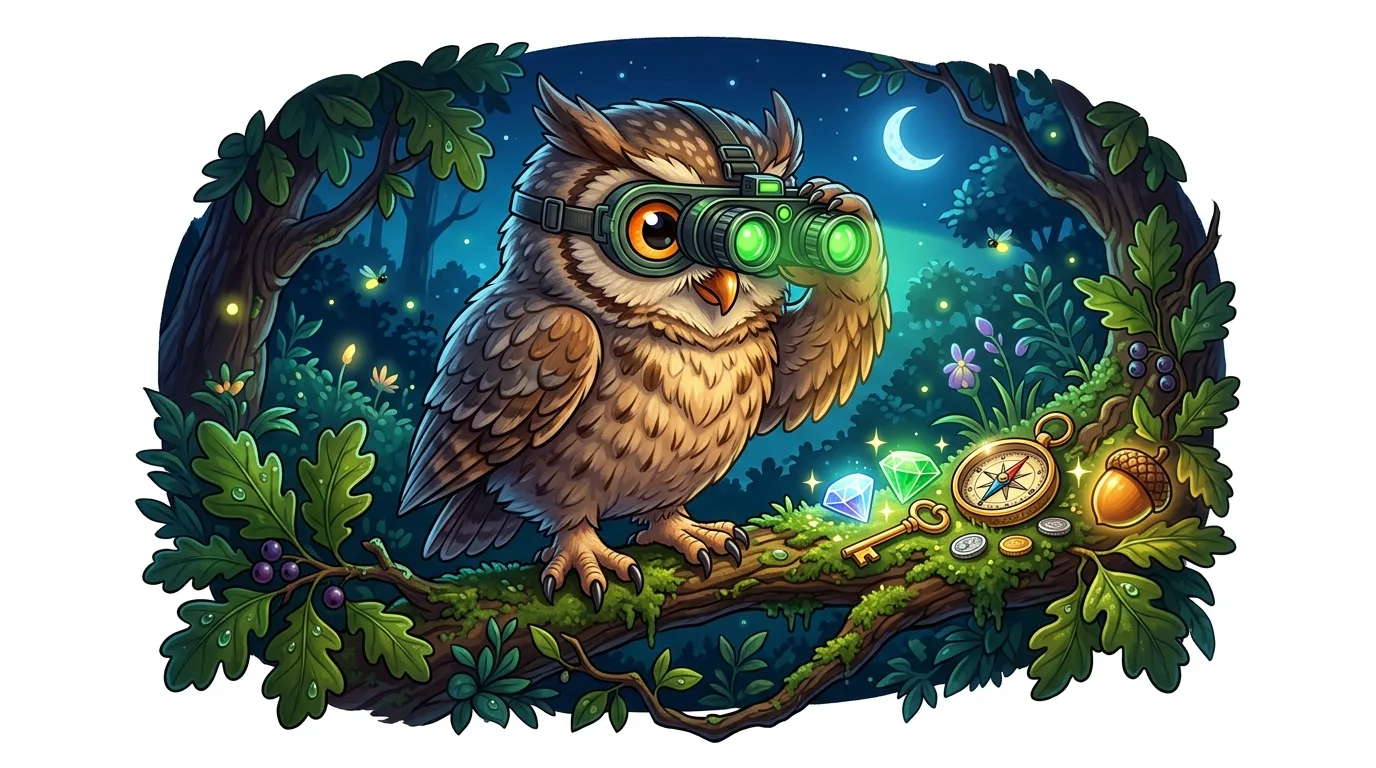 A cartoon owl with night vision goggles looks through binoculars in a magical forest.