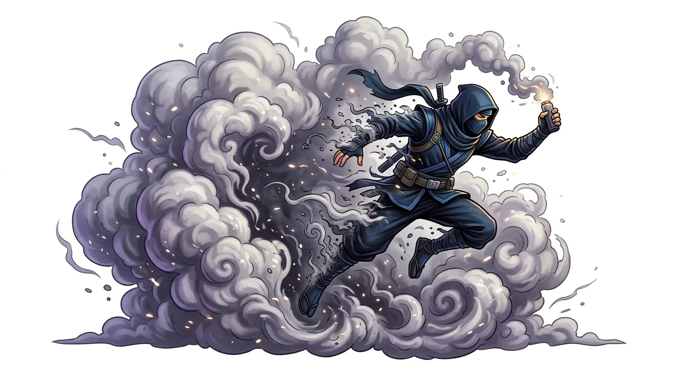 A ninja in a blue suit emerges from a cloud of smoke, holding a smoking device.