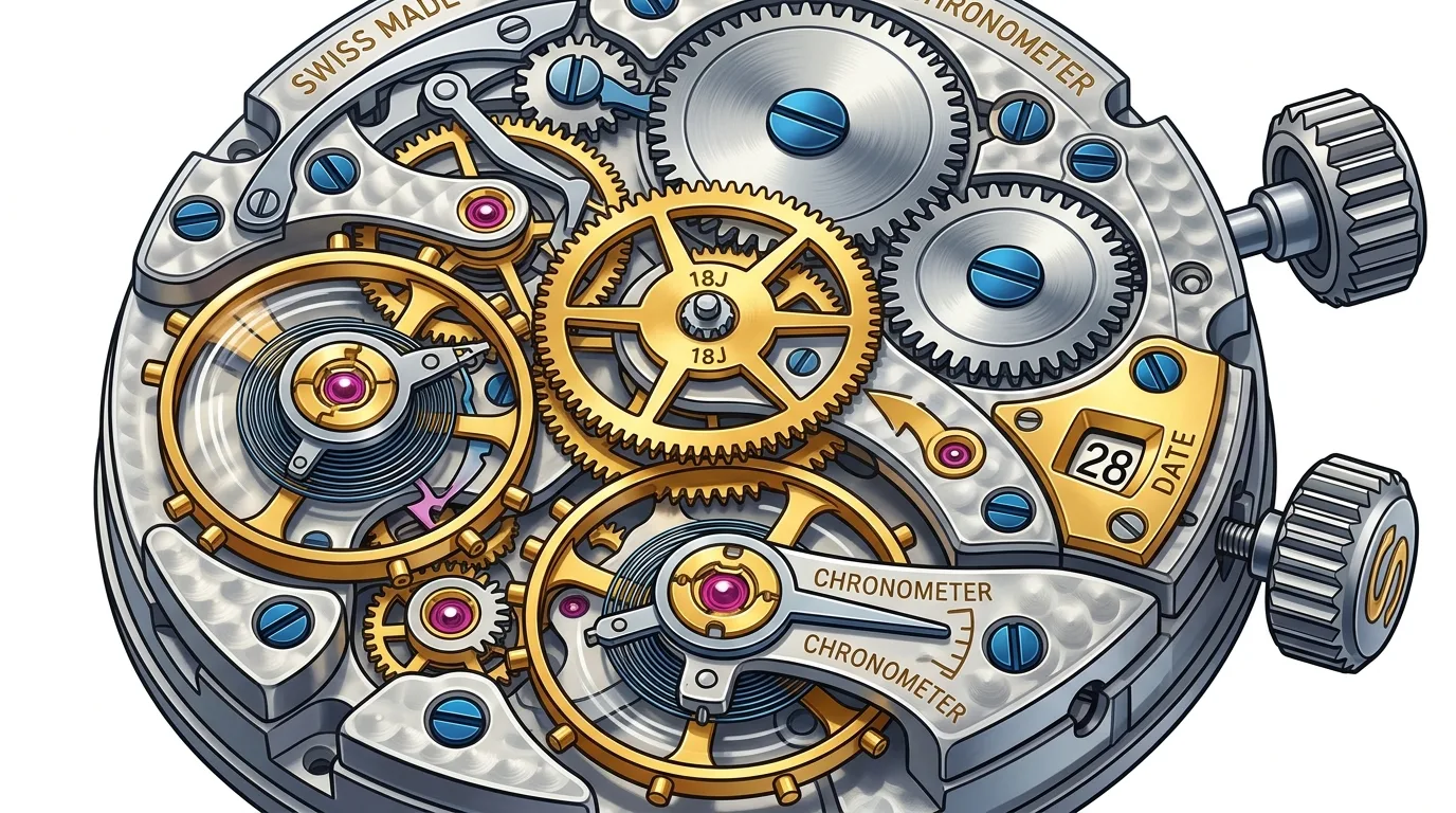 An intricate illustration of a watch movement with visible gears, jewels, and date display.