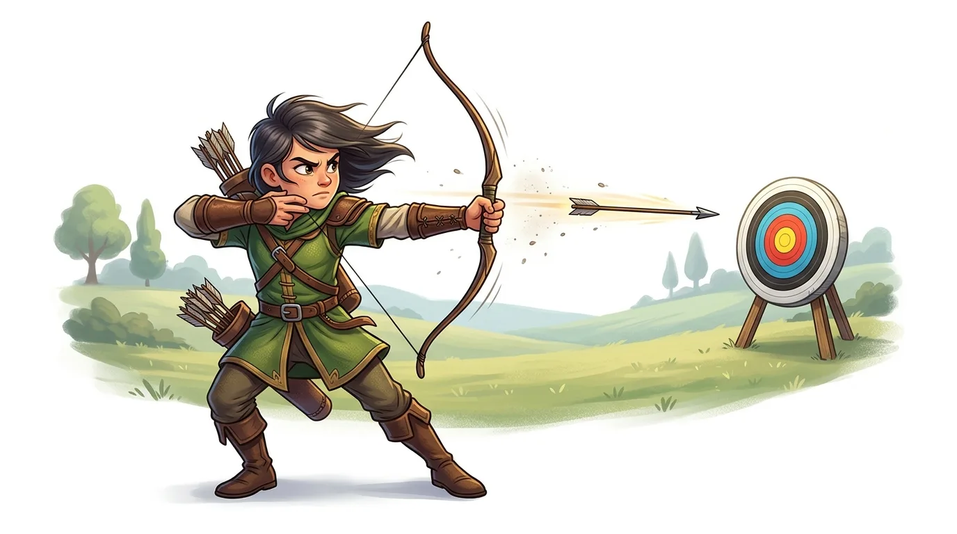 A determined archer in green shoots an arrow towards a target in a field.