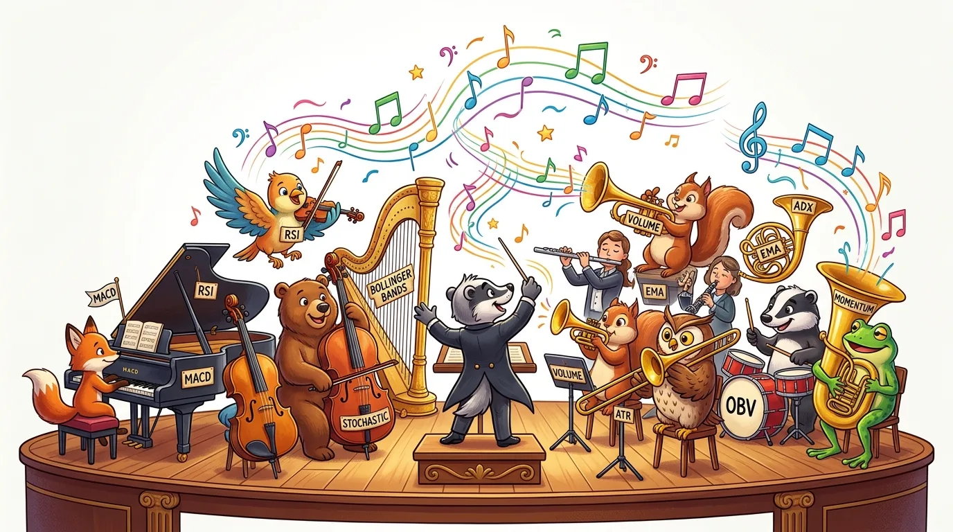 An orchestra of animals and people playing instruments labeled with trading indicators.