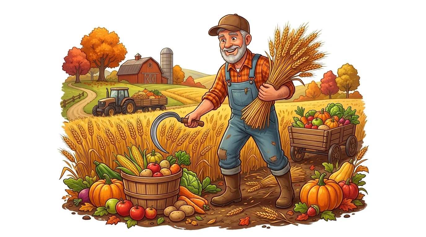 A happy farmer harvests crops in an autumn field with a barn and tractor in the background.