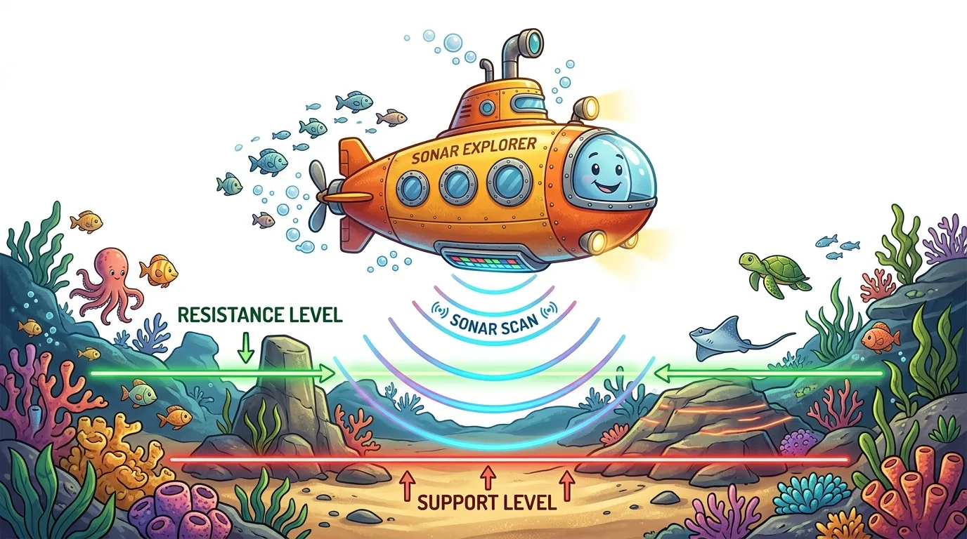 A cartoon submarine uses sonar to navigate between resistance and support levels on the ocean floor.