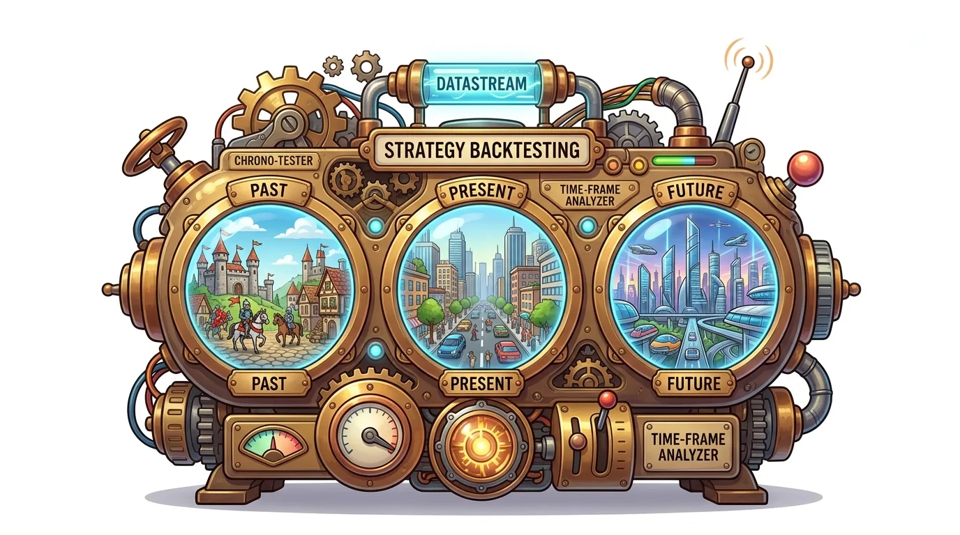 A steampunk-style machine for strategy backtesting, showing past, present, and future scenarios.