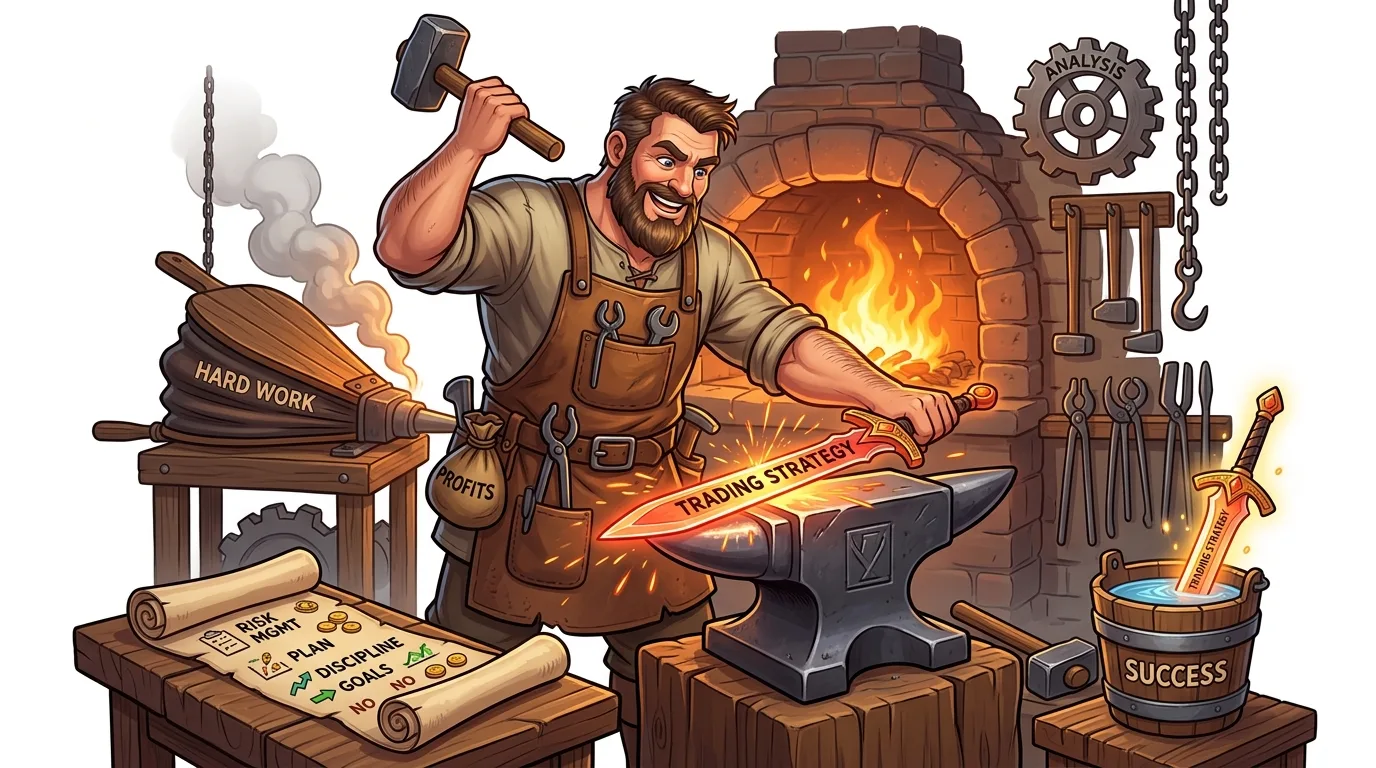 A blacksmith forges a "Trading Strategy" sword, symbolizing hard work, analysis, and discipline leading to success in finance.