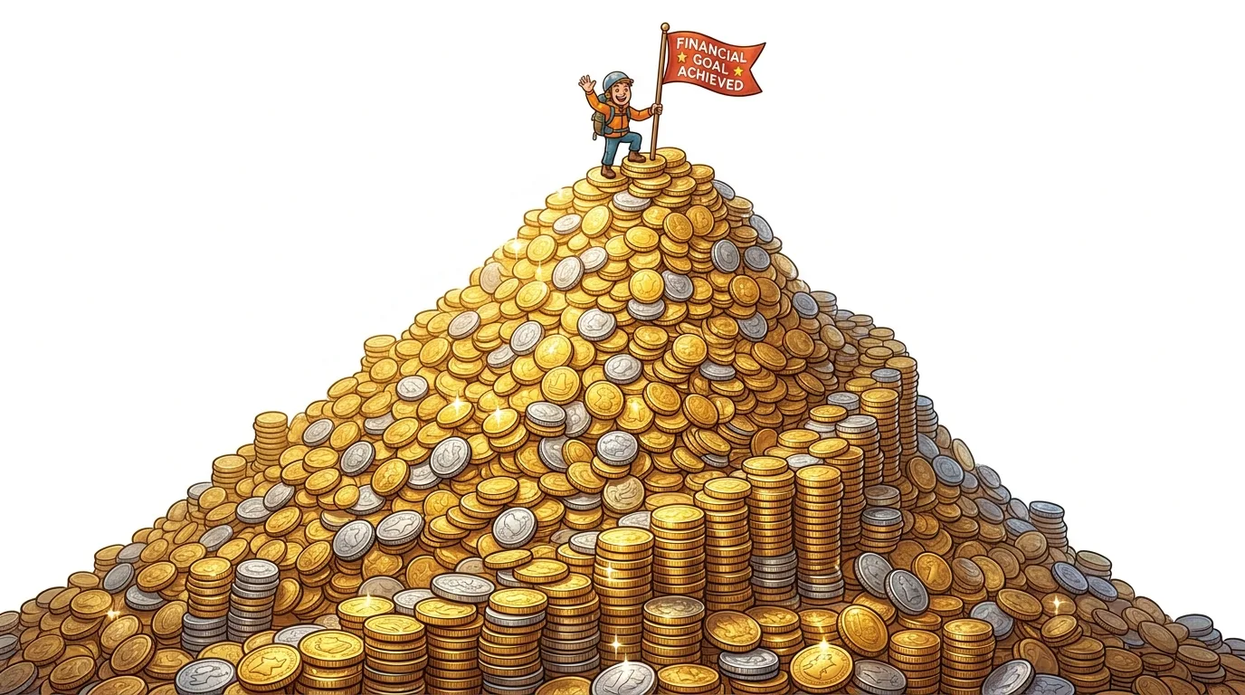 A person stands atop a mountain of gold and silver coins, holding a flag that reads "FINANCIAL GOAL ACHIEVED."