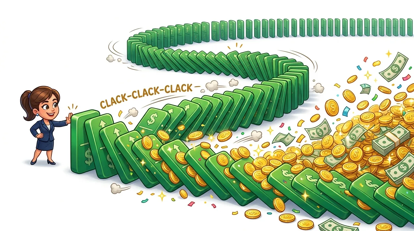 A businesswoman initiates a domino effect of green blocks, leading to a cascade of money.