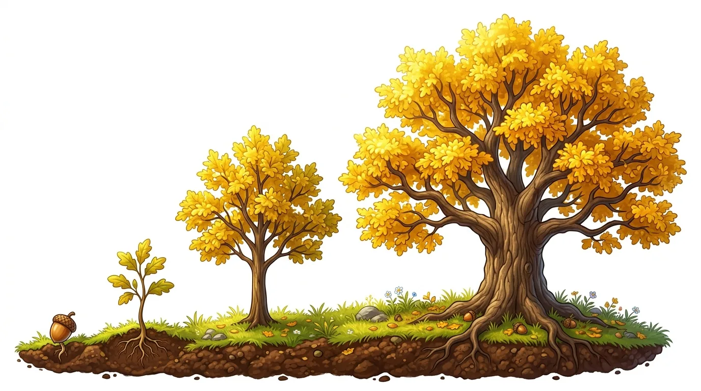 An illustration showing the growth stages of an oak tree from acorn to mature tree.