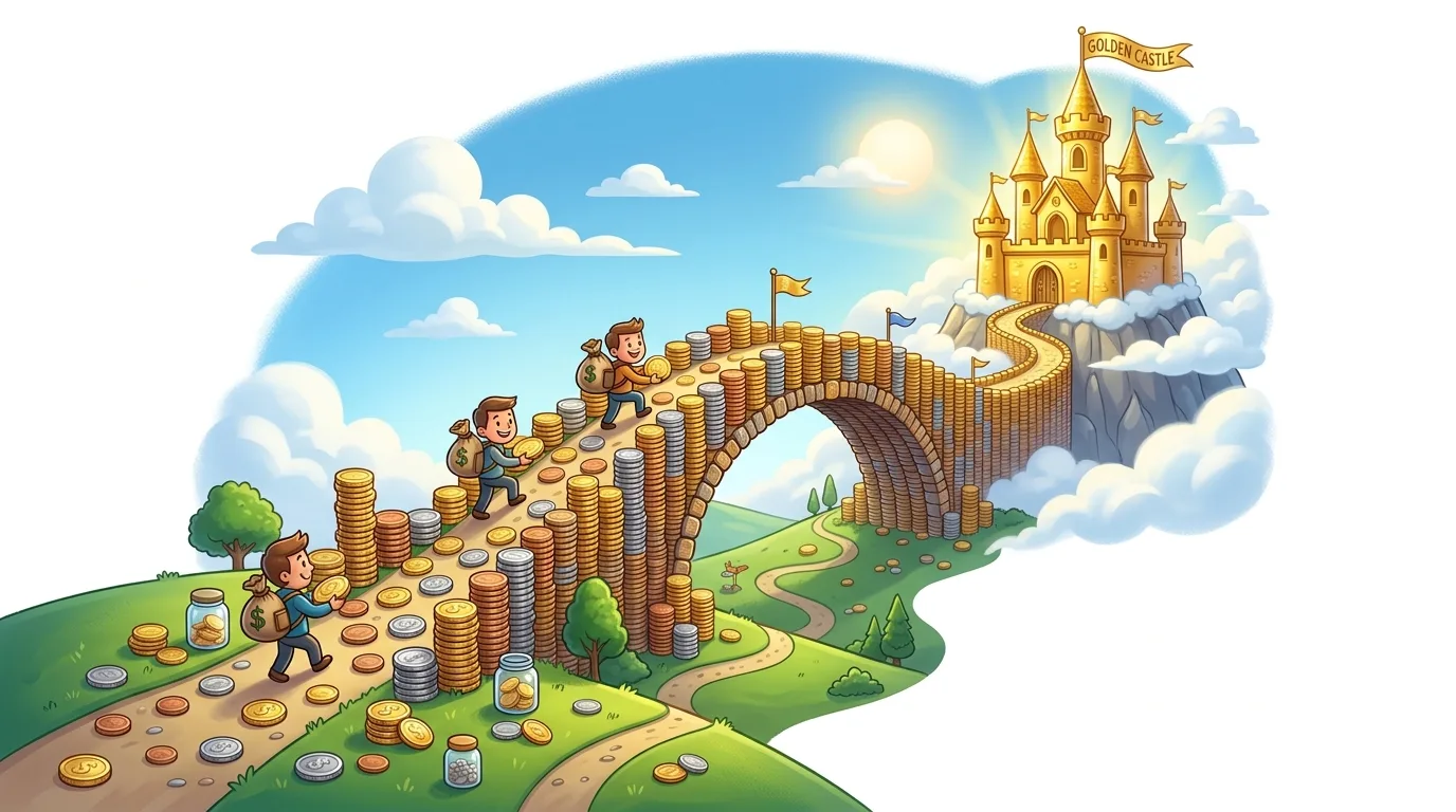 Cartoon of people building a path of coins towards a golden castle in the sky.