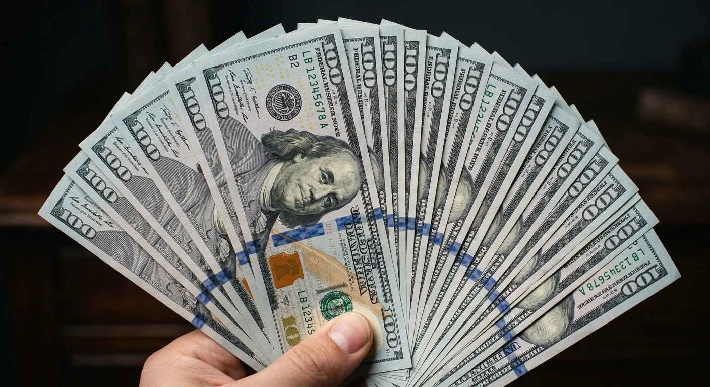 A hand holds a fan of new hundred-dollar bills against a dark background.